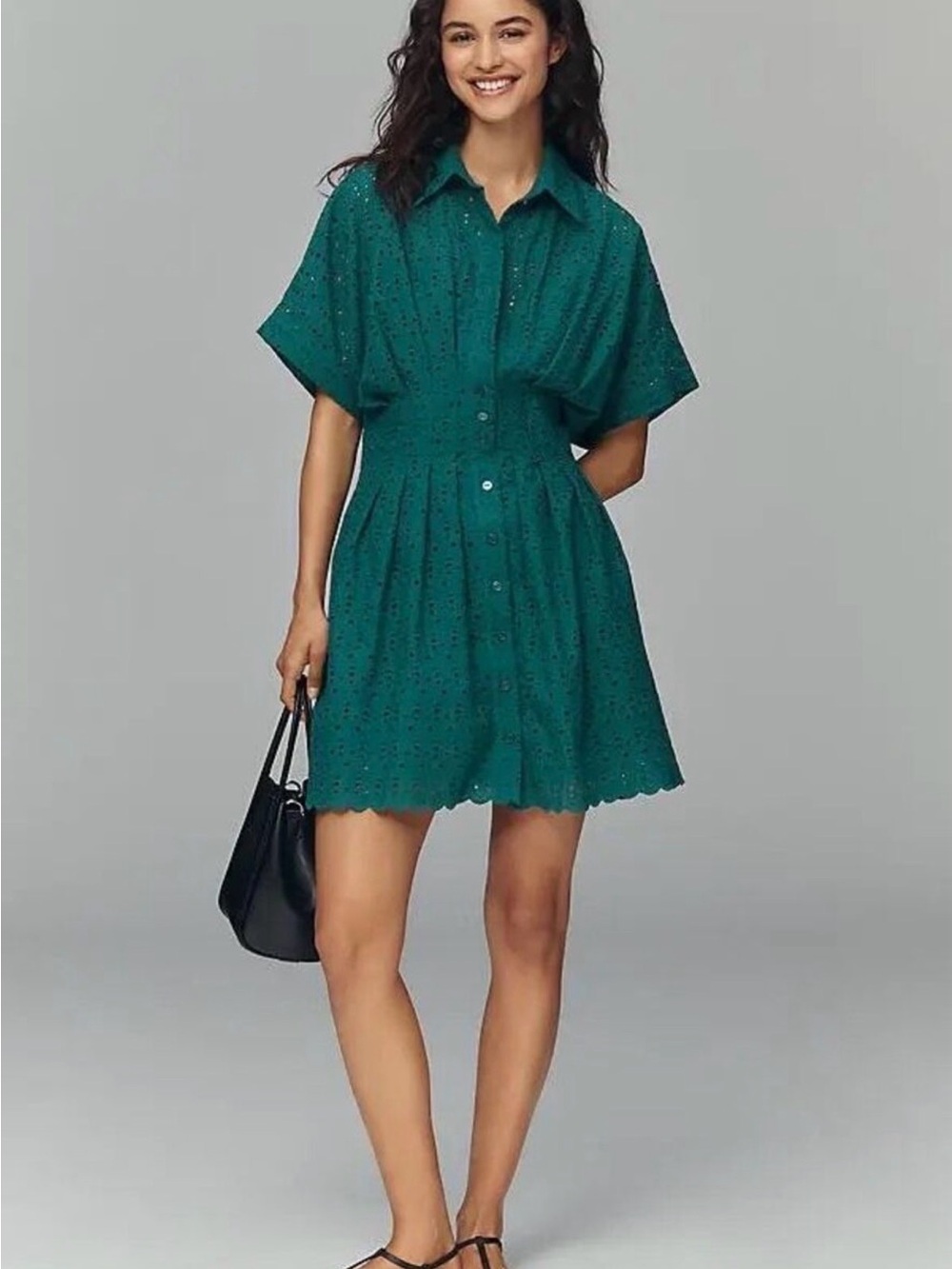 Green Eyelet Button-Front Shirt Dress
